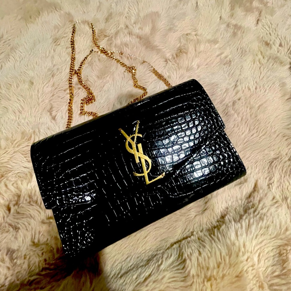 YSL Uptown Croc Embossed Leather Chain Wallet